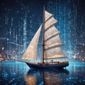 Sailboat sailing on digital waves in a futuristic city at night with lights and binary code in the background Royalty Free Stock Photo