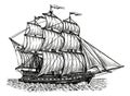 Retro ship sails on waves of sea. Sailboat sailing, side view. Vintage sketch engraved illustration Royalty Free Stock Photo