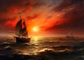 Sailboat Sailing into the Sunset on a Stunning, Real Red Stormy Royalty Free Stock Photo