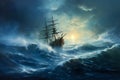 the sailboat sails through a stormy sea, a dark dramatic sky with gloomy clouds