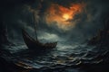 the sailboat sails through a stormy sea, a dark dramatic sky with gloomy clouds