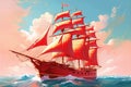 Sailboat with scarlet sail in a waves. Generative AI