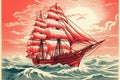 Sailboat with scarlet sail in a waves. Generative AI