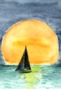 Sailboat in the sea against the backdrop of the setting sun. Royalty Free Stock Photo