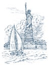 Sailboat in the sea on a background of the Statue of Liberty in New York, summer adventure, active vacation. Seagoing