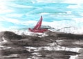 Sailboat at sea. Encaustic wax art hand drawing. Beautiful illustration, waxy background modern