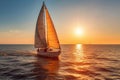 Sailboat in the sea in the evening sunlight over beautiful background. Generative AI