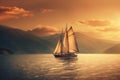Sailboat in the sea in the evening sunlight over beautiful big mountains background. Generative AI