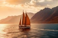 Sailboat in the sea in the evening sunlight over beautiful big mountains background. Generative AI