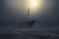 Sailboat in the sea floats in the moonlight, thick fog descended on the water after the storm. Fantasy landscape. Royalty Free Stock Photo