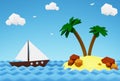 Sailboat in the sea near a desert island with palm trees. 3D illustration - summer vacation at sea