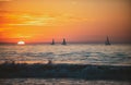 Sailboat at sea. Panoramic view of sunset over ocean. Beautiful serene scene. Sea sky concept, sunrise colors clouds