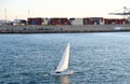 Sailboat at sea on sailing on the waves. Yachtsman during training on a sailboat. Skiff and Sailboat in sea port near the Spanish Royalty Free Stock Photo