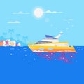 Sailboat in the sea and seagulls around.Luxury travel seaway ocean transport yacht. Flat vector illustration