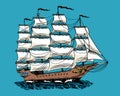 Sailboat in the sea, summer adventure, active vacation. Seagoing vessel, marine ship or nautical caravel on blue
