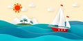 Sailboat in the sea. Sun, clouds, tropical island with a beach and coconut palms. Vector Paper cut Royalty Free Stock Photo