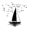 Sailboat, seagulls and wave silhouette isolated on white background. Yacht icon. Sea travel symbol.