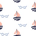 Sailboat seamless kid vector pattern in scandinavian style. Royalty Free Stock Photo