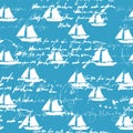 Sailboat seamless pattern, unreadable text, handwritten notes, vector illustration