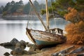 A Sailboat Is Serenely Anchored In Tranquil Waters, Its Sails Worn And The Hull Showing The Effects Of The Passing Years