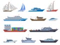 Sailboat ships. Sea transportation boats, cargo ship, yacht, sailing boat, speed boat and ocean cruise liner, sailboats