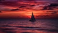 Sailboat silhouette glides on tranquil sunset waters generated by AI Royalty Free Stock Photo