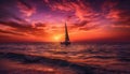 Sailboat silhouette glides on tranquil sunset waters generated by AI Royalty Free Stock Photo