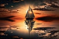 sailboat skimming across the water, reflecting sunset sky