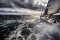 sailboat slicing through choppy waves on a stormy day