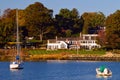 Boats are moored off of a waterfront estate in Greenwich Connecticut Royalty Free Stock Photo