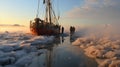 A Sailboat Stuck in Ice On The Arctic Seascape Background