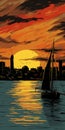Sailboat Sunset In Dark Pop Art Style: New London Harbor