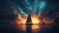 Sailboat sunset ocean dramatic cloudscape fantasy art Royalty Free Stock Photo