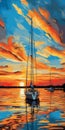 Sailboat Sunset Painting: Bold Outlines And Vibrant Colors Royalty Free Stock Photo