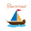 Sailboat and text Time to travel. Vector illustration.