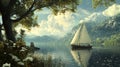 Sailboat on a tranquil lake with mountains in the background Royalty Free Stock Photo