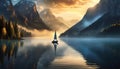 A sailboat on a tranquil mountain lake.