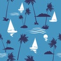 Sailboat tropical island, sunset, palms seamless pattern, vector illustration