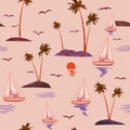 Sailboat tropical island, sunset, palms seamless pattern, vector illustration
