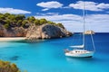 Sailboat in the turquoise sea, Sardinia, Italy, Beautiful beach with sailing boat yacht, Cala Macarelleta, Menorca island, Spain,