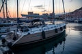Sailboat type yacht moored at the marina. Live aboard on a boat. Luxury vacation Royalty Free Stock Photo