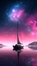 A sailboat under a pink sky