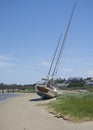 sailboat washed ashore on Nantucket by Hurricane Arthr Royalty Free Stock Photo