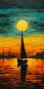 Sailboat On Water: Dark Yellow And Turquoise Expressionist Oil Painting