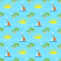 Sailboat on the waves, palms with seagulls and the bright sun on a blue background.