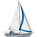 Sailboat with white and blue sails isolated on white background Royalty Free Stock Photo
