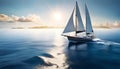 a sailboat with white sails in a calm sea off the coast of a tropical island during a bright sunset, Royalty Free Stock Photo