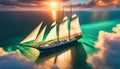 a sailboat with white sails in a calm sea off the coast of a tropical island during a bright sunset, Royalty Free Stock Photo