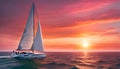 a sailboat with white sails in a calm sea off the coast of a tropical island during a bright sunset, Royalty Free Stock Photo