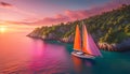 a sailboat with white sails in a calm sea off the coast of a tropical island during a bright sunset, Royalty Free Stock Photo